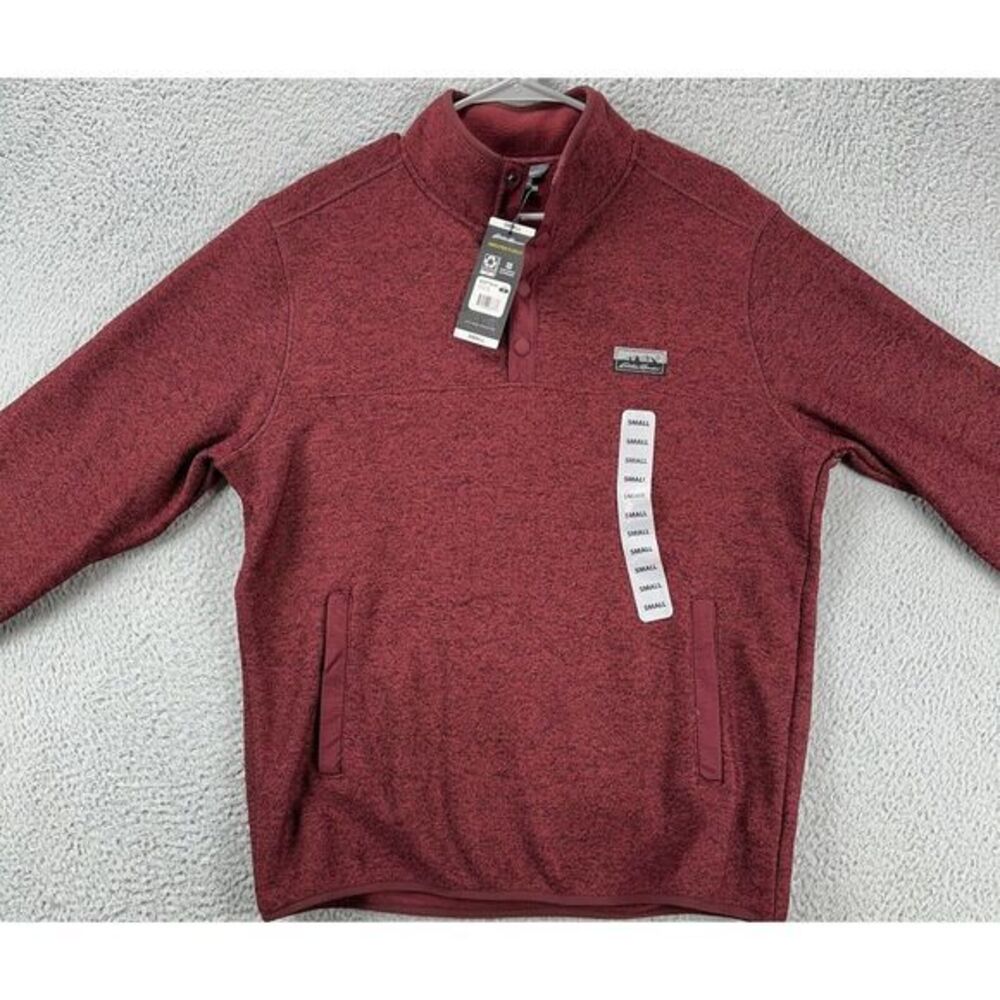 Eddie Bauer Sweater Mens Small Maroon Knit Fleece‎ Snap Pullover Classic Fit NEW - Picture 3 of 13